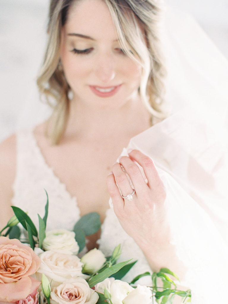 Firefly Gardens Bridal Session | Bride with veil and engagement ring