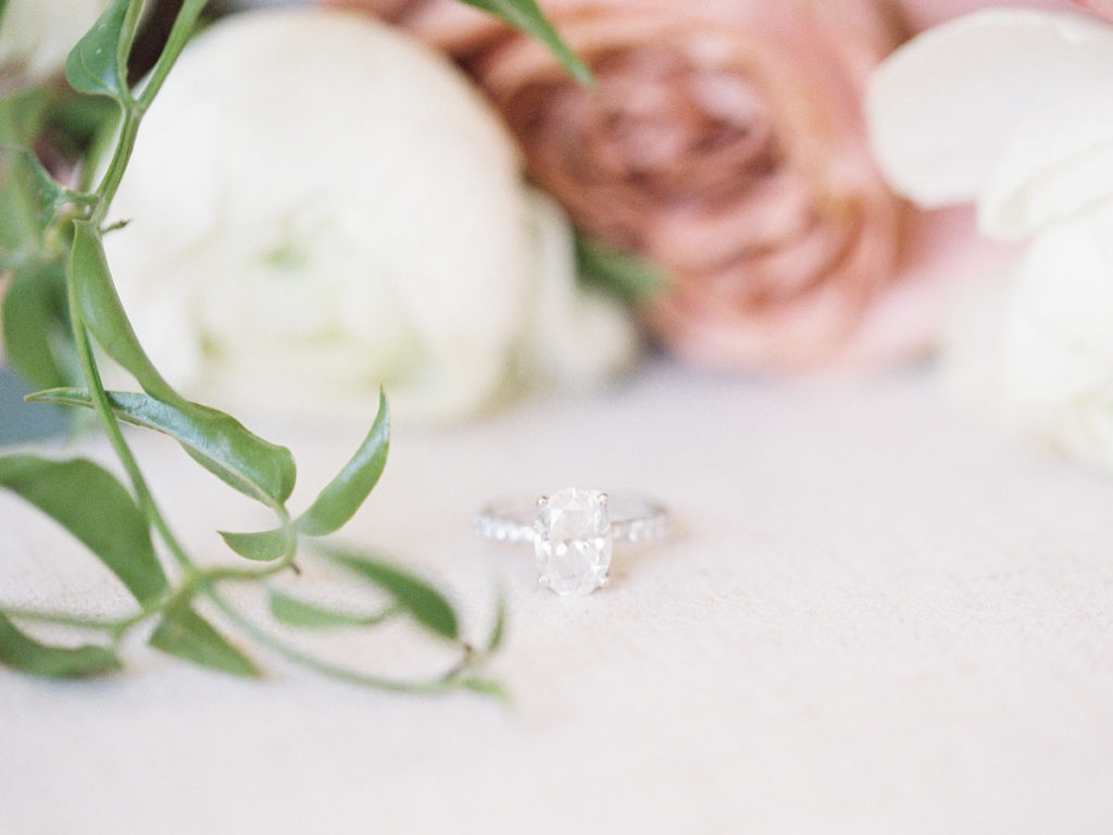 Firefly Gardens Bridal Session | Pink and white bridal bouquet and engagement ring