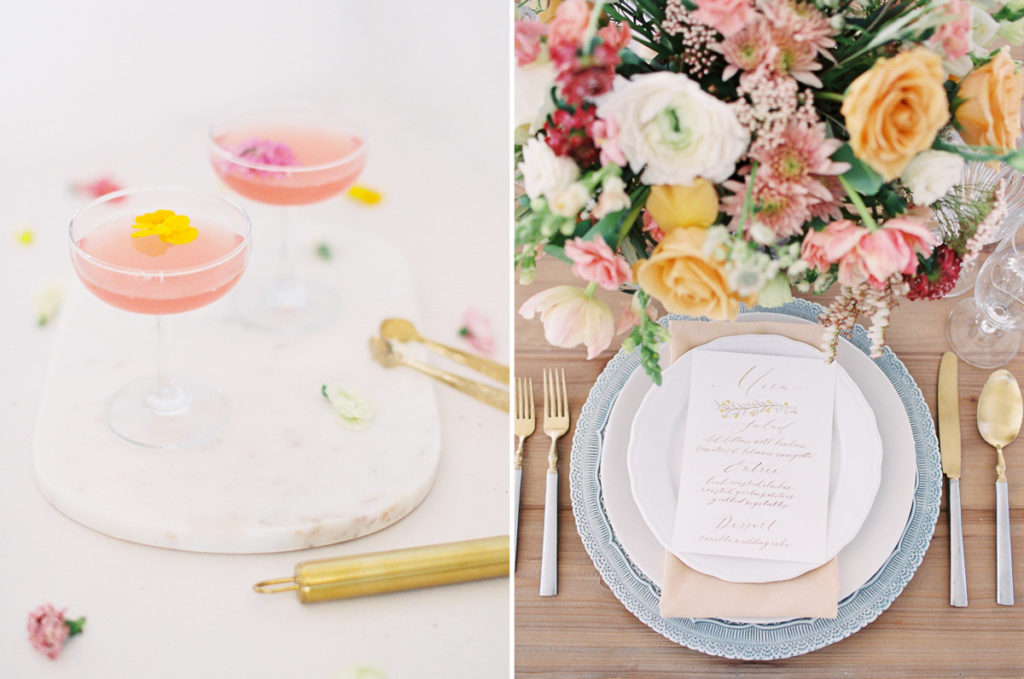 Pink signature cocktails and reception place setting