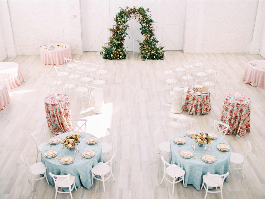 Wedding reception with cocktail tables and guest tables