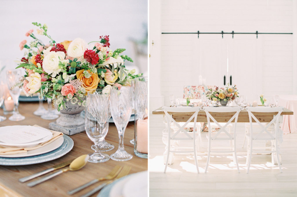 Bright florals on wedding reception table
