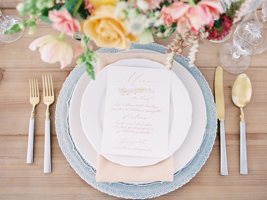 Wedding reception hand-lettered menu and china